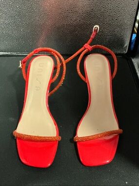 Unisa Red Beaded Ankle-Tie Sandals